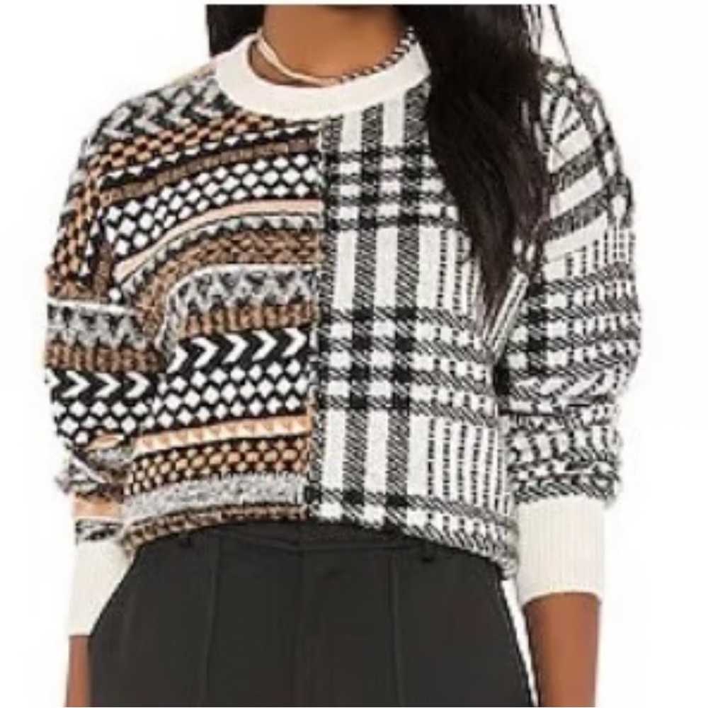 cinq a sept Black White and Brown Mixed-Pattern Crewneck Sweater